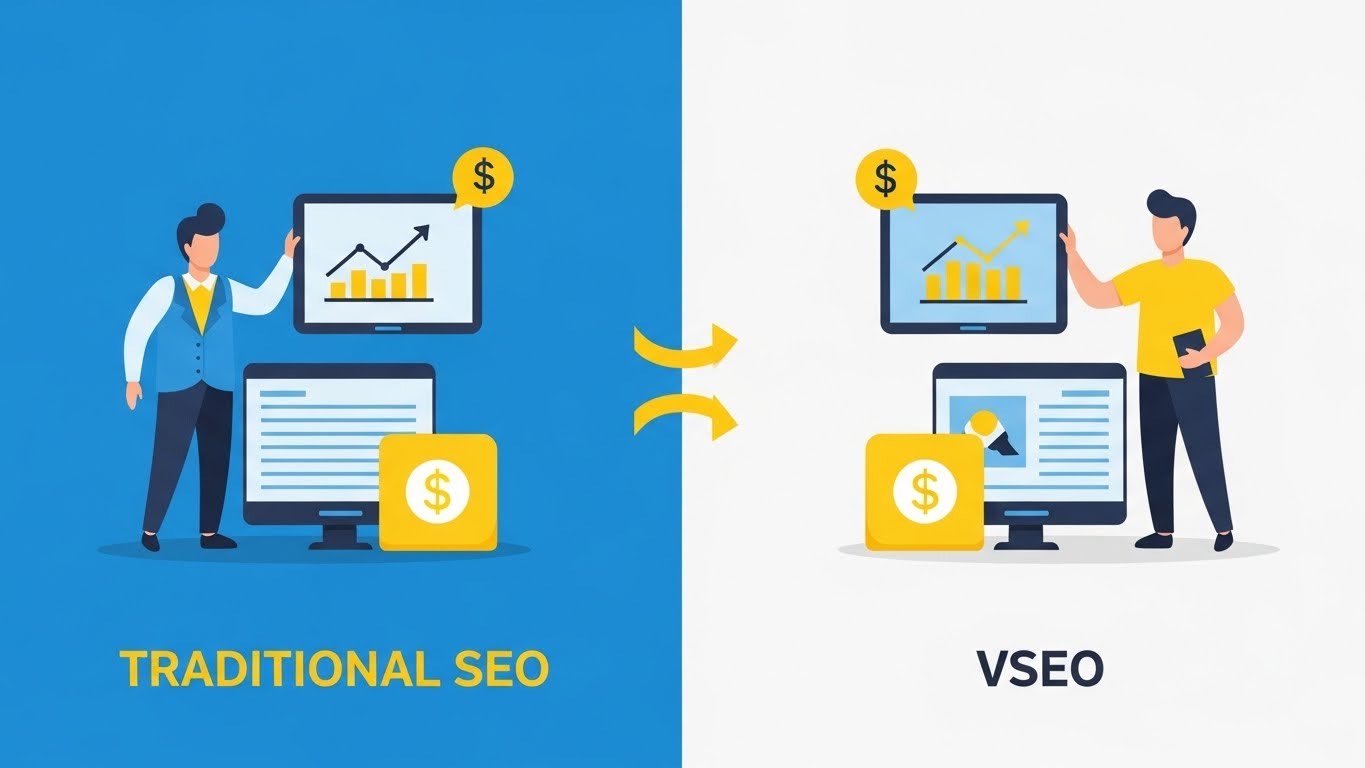 Infographic comparing answer engine optimization (AEO) strategies versus traditional SEO approaches for AI visibility