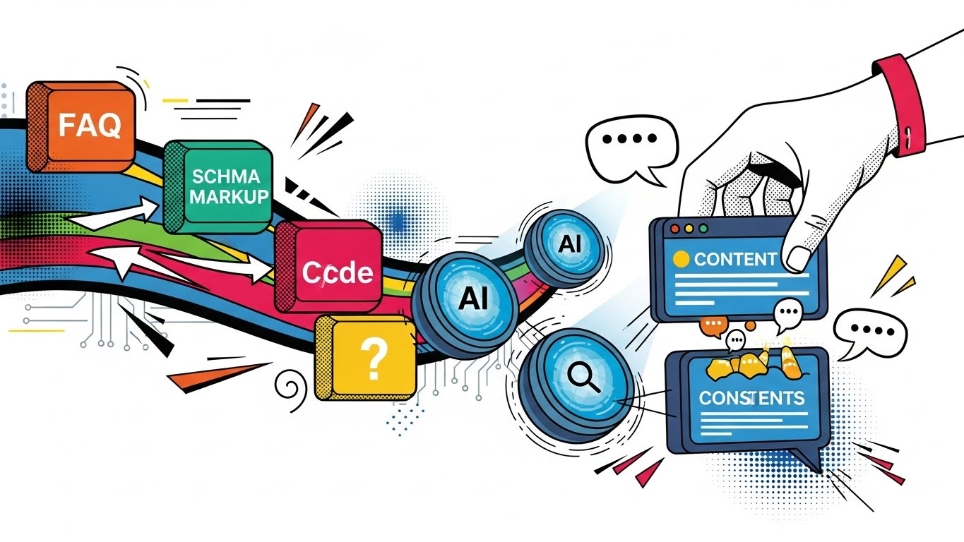 Content optimization workflow showing structured data and question-based content flowing into AI answer engines