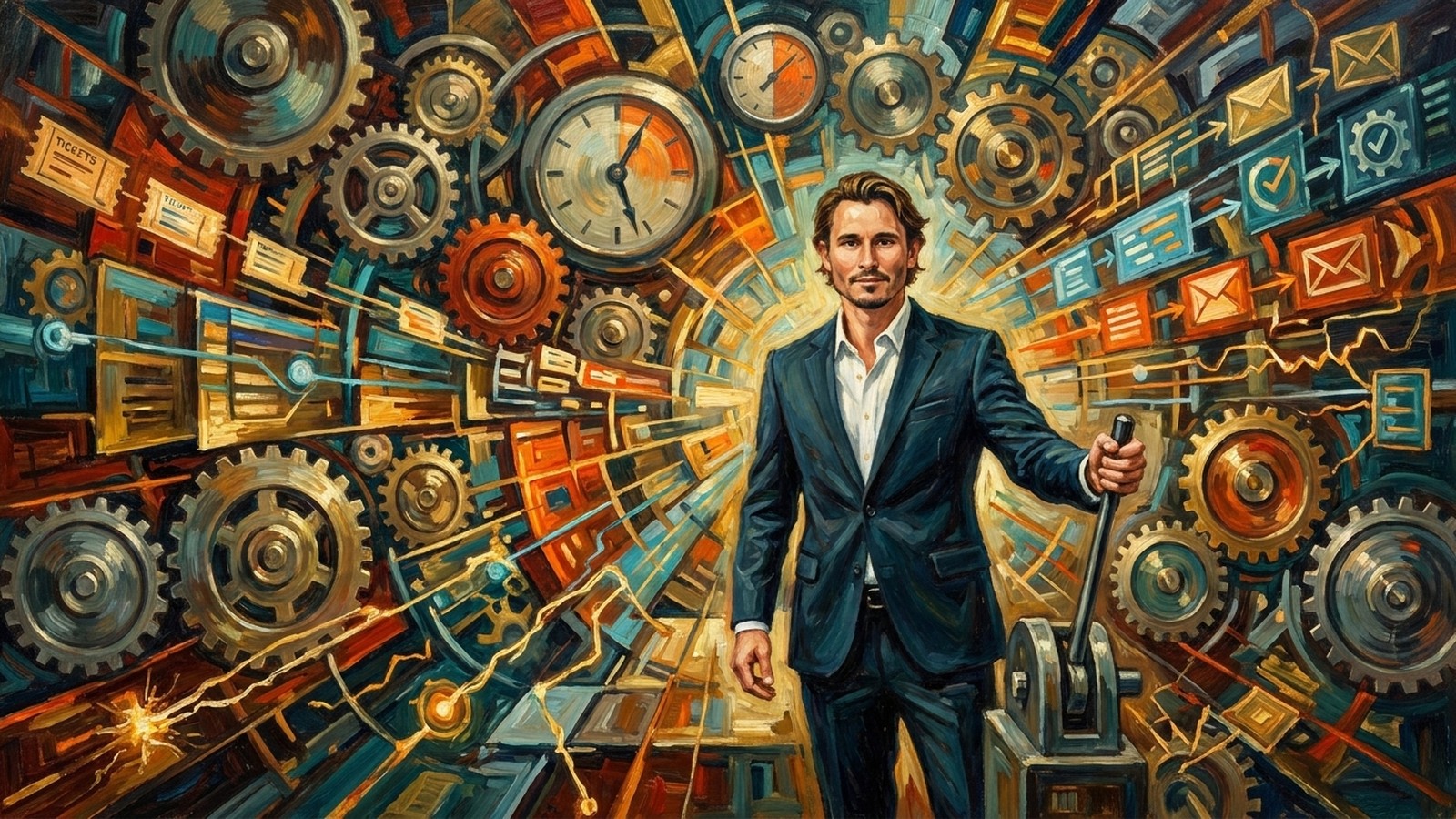 Oil painting in Futurism style: a suited figure at a control lever before a wall of gears and workflow lines representing AI agents in business