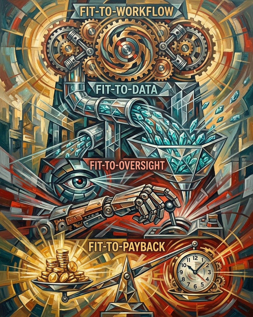 Vertical oil painting in Futurism style visualizing the 4-Fit Test stacked as a diagnostic tower: Fit-to-Workflow, Fit-to-Data, Fit-to-Oversight, Fit-to-Payback