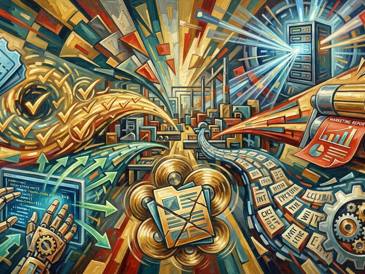 Oil painting in Futurism style depicting six AI agent use cases converging on a factory floor: support tickets, code reviews, sales research, meeting transcripts, marketing reports, and IT queries