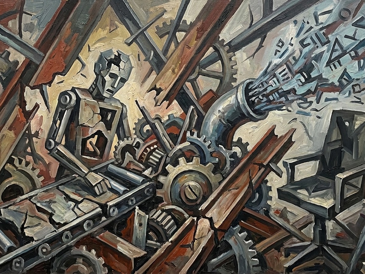 Oil painting in Futurism style depicting a collapsed AI agent project: a broken assembly line, a stalled workflow, misaligned gears, a leaking data pipe, and an empty oversight chair