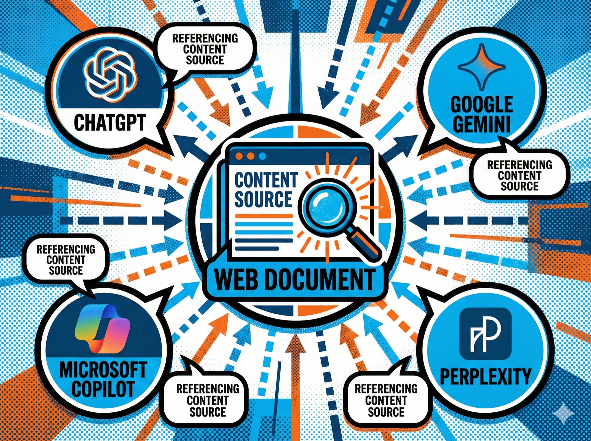 AI citation ecosystem with content connected to ChatGPT, Gemini, Perplexity, and Copilot