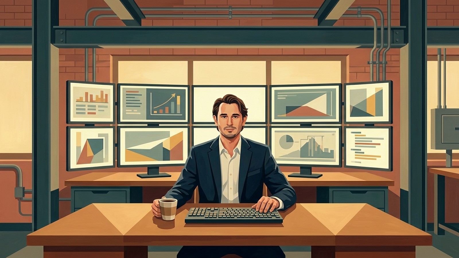 Precisionist oil painting of a solo AI marketing consultant at a desk with monitors in a warm-lit Austin studio