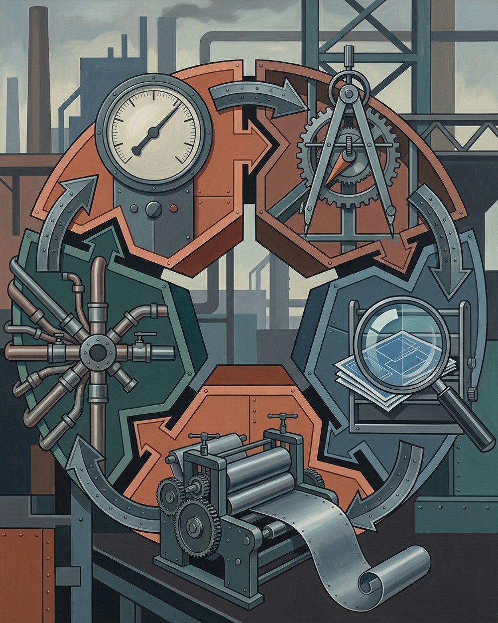 Precisionist oil painting rendering of the five-stage Autonomous Loop Stack workflow diagram