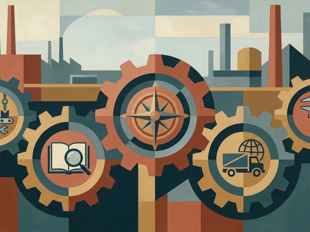 Precisionist oil painting of five interlocking geometric gears representing the Strategy, Research, Production, Distribution, and Measurement loops