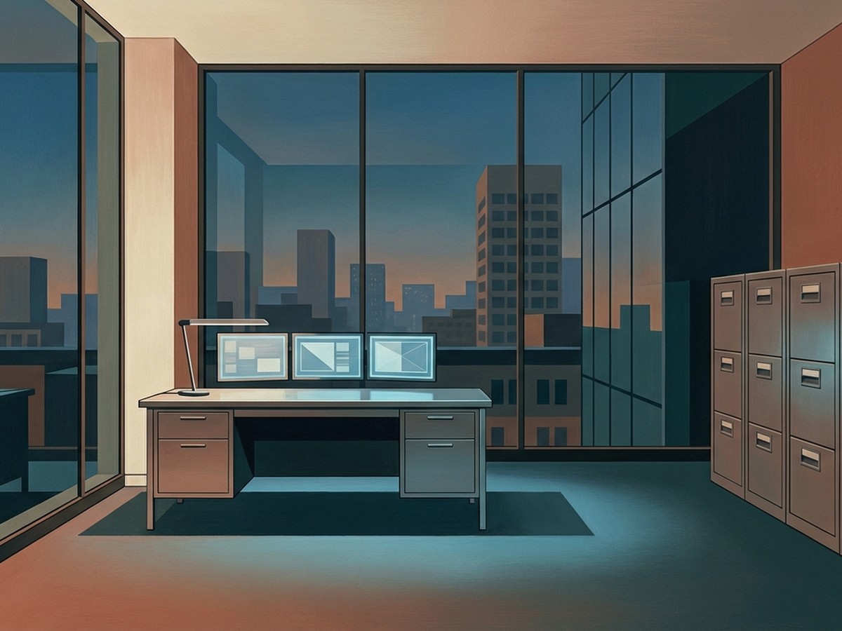 Precisionist oil painting of an empty modern office at dusk with a single desk and three monitors, no human figures