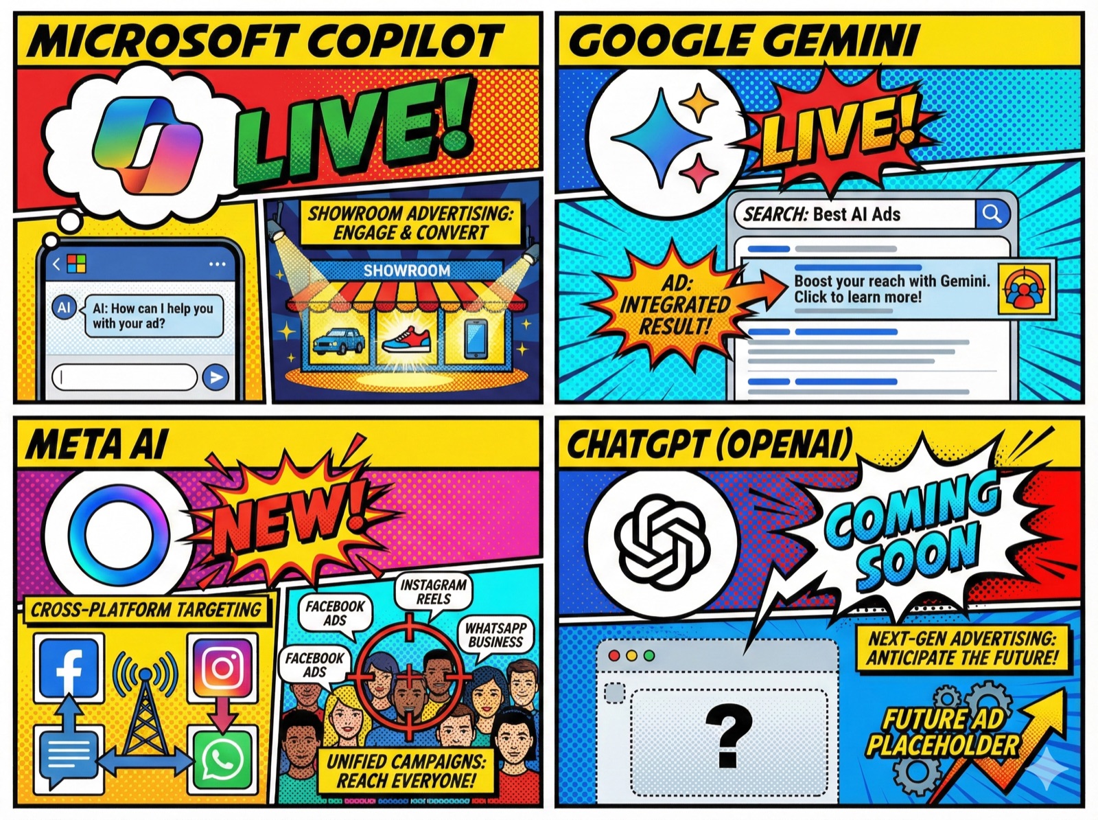 Pop Art infographic comparing AI chat advertising platforms - Microsoft Copilot, Google Gemini, Meta AI, and ChatGPT with status indicators