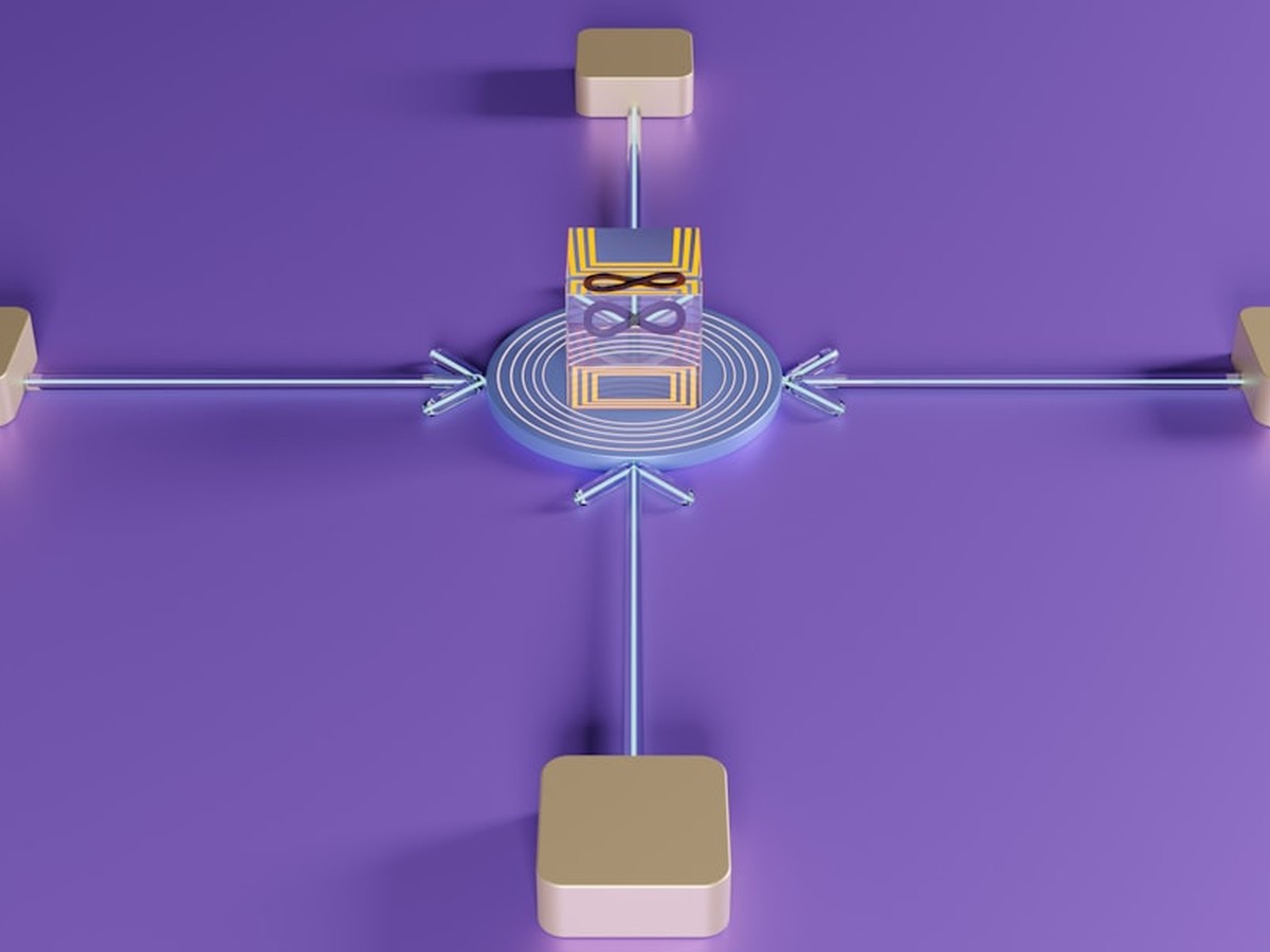 Glowing nodes representing workflow automation connecting CRM, calendar, email, and publishing