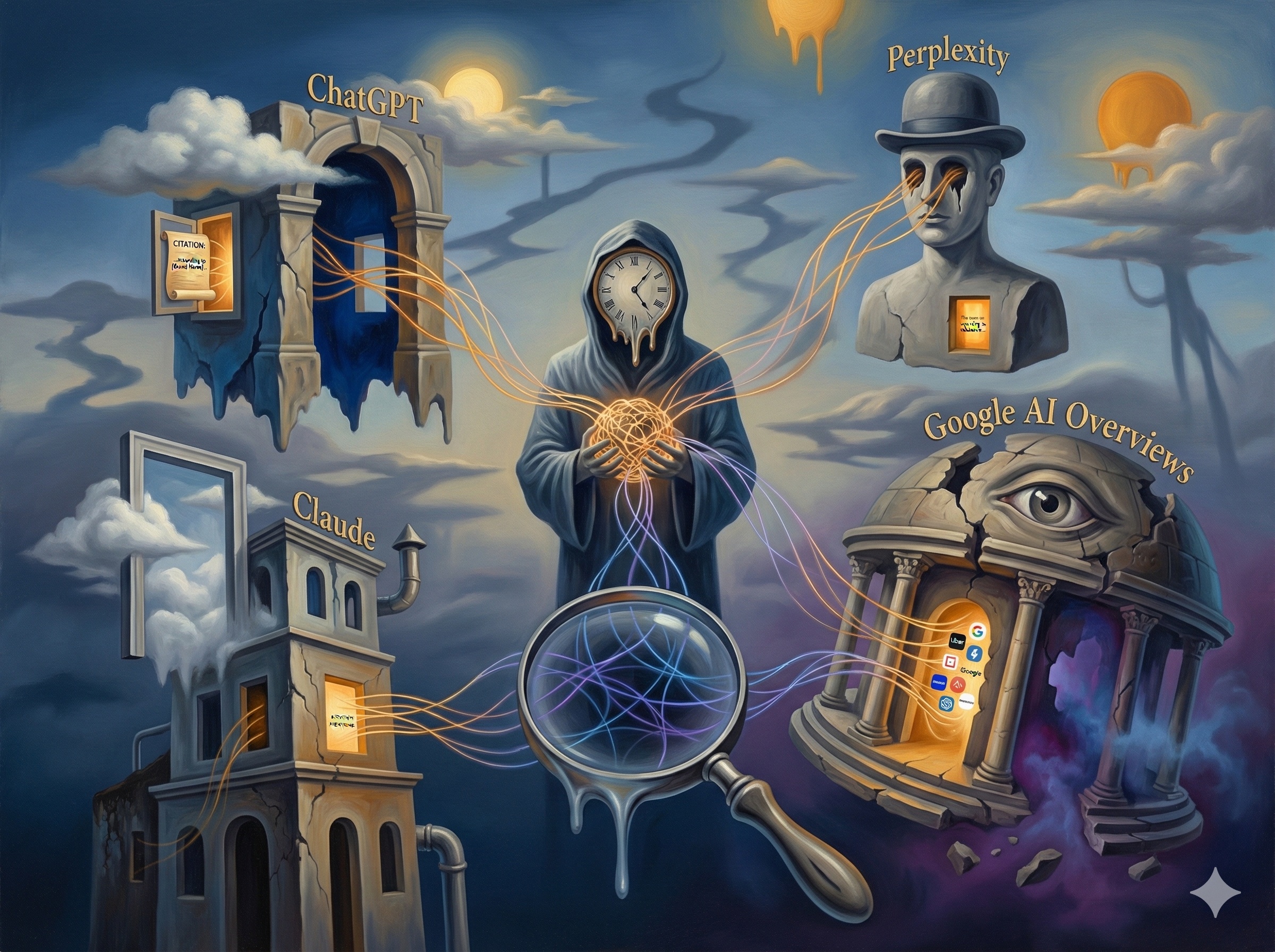 AI citation tracking visualization with connections to ChatGPT, Perplexity, and Google AI platforms