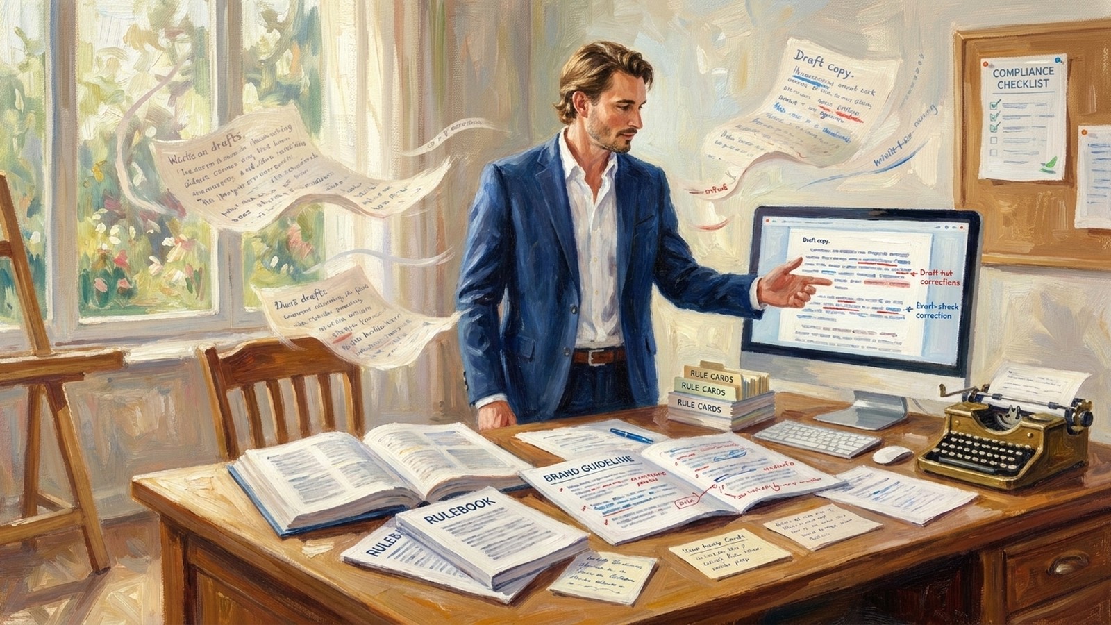 Impressionist oil painting of a marketer installing brand voice governance layers before an AI writing tool drafts