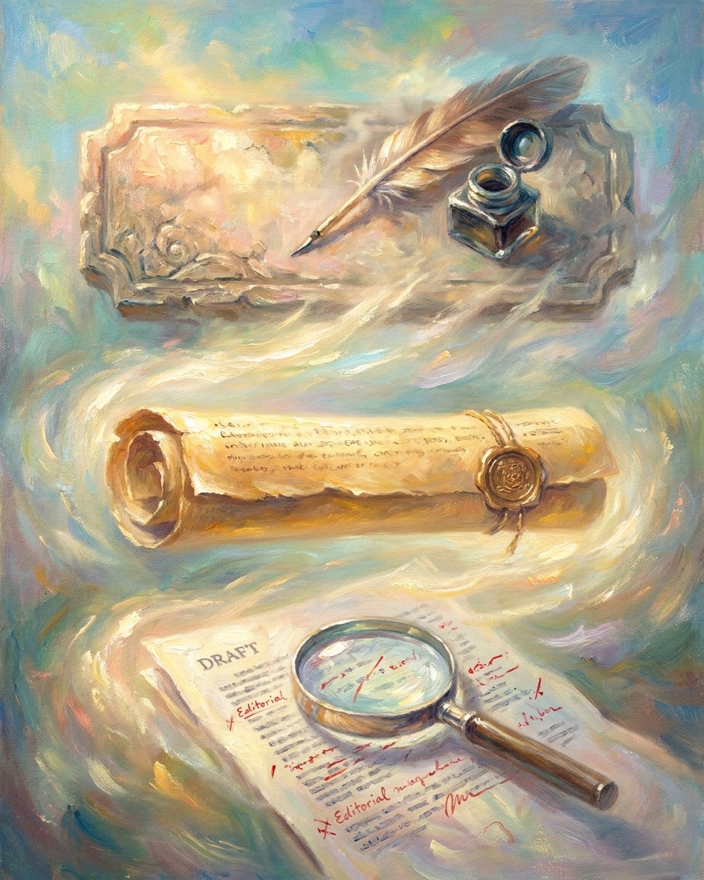 Impressionist illustration of a compliance sweep rejecting a draft against a rubric