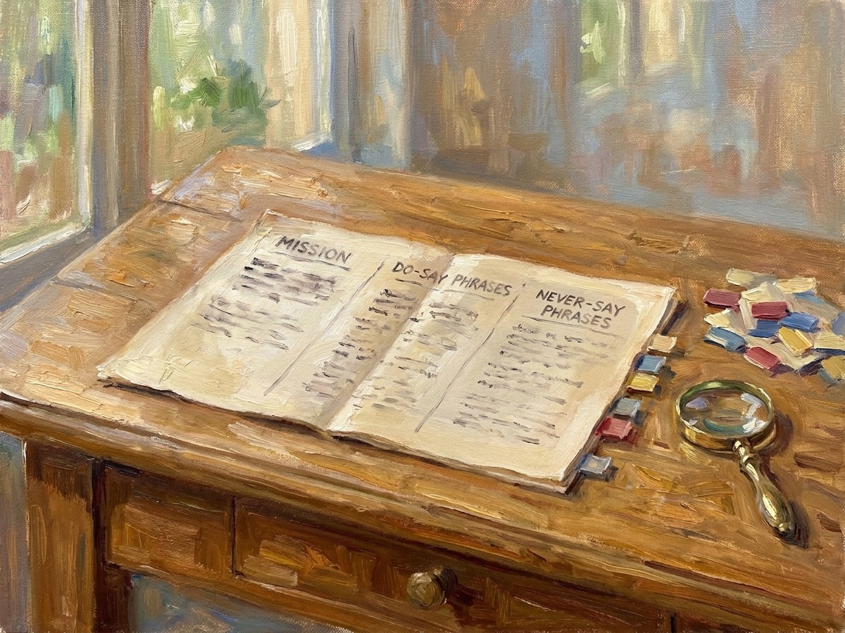 Impressionist painting depicting layered brand voice governance stack for AI writing tools