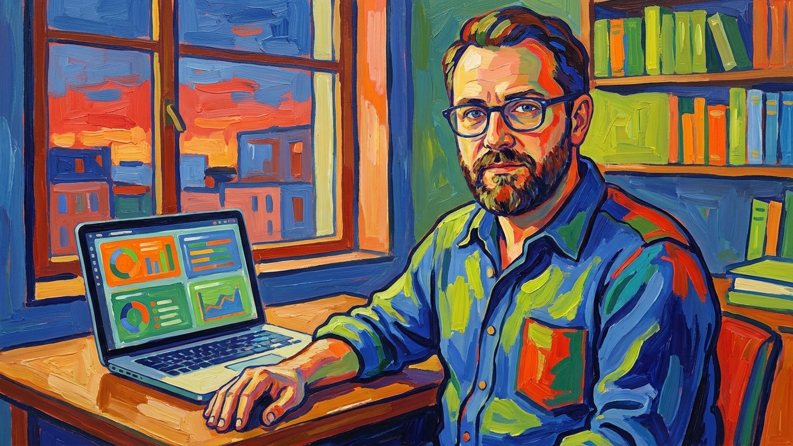 Fauvist oil painting of a marketing consultant at a desk with a laptop showing AI search dashboards