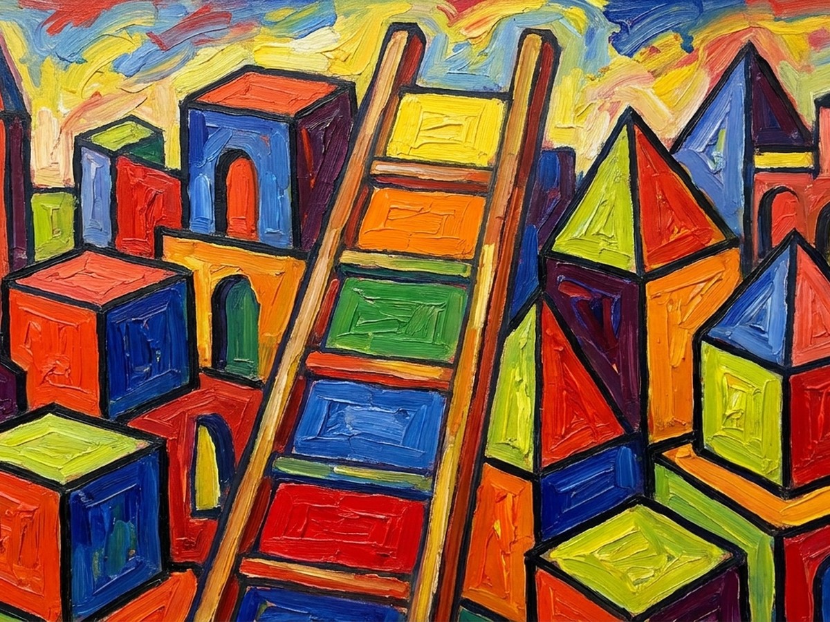 Fauvist oil painting of a five-rung ladder leaning against a colorful geometric city skyline