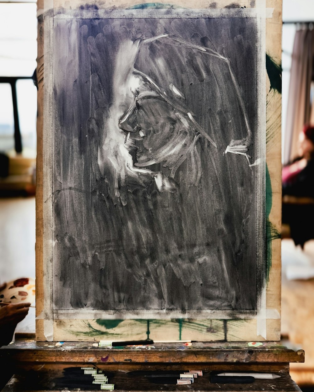 Oil painting of a chalkboard on a wooden wall showing a 30 day migration timeline with landing pages, brand exclusions, search term matching, text customization, and final URL expansion
