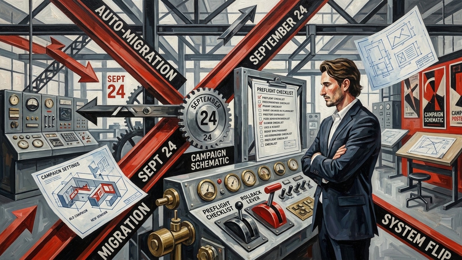 Constructivist oil painting of Matt at an industrial control console reviewing a preflight checklist before a Google AI Max auto-migration event, with campaign blueprints and a bright red rollback lever.