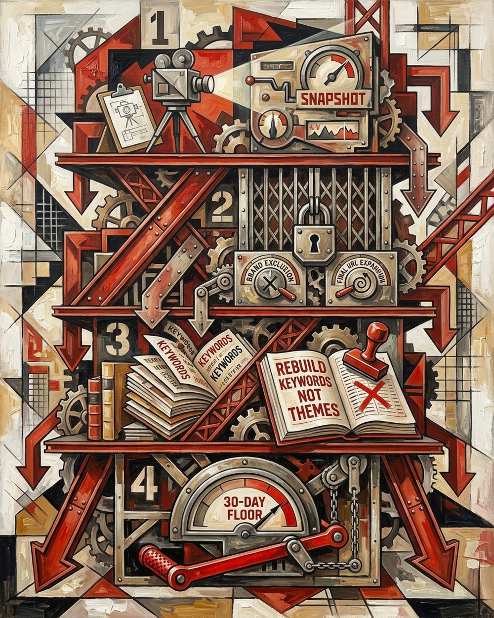 Vertical constructivist infographic of the 4-Point AI Max Preflight: 1 snapshot, 2 lock brand exclusion and final URL expansion, 3 rebuild keywords not themes, 4 30-day performance floor with a rollback lever.