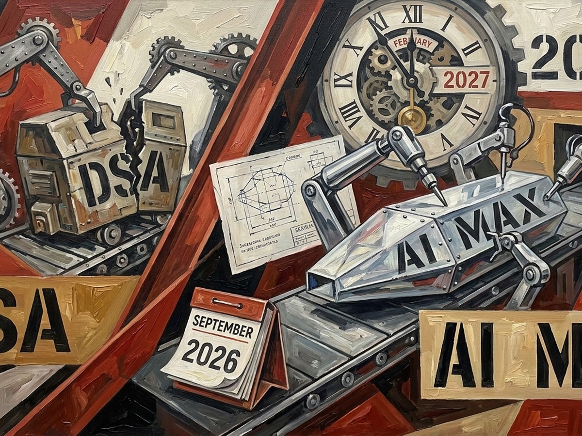 Constructivist oil painting of an old Dynamic Search Ads campaign being disassembled beside a new AI Max campaign on a parallel assembly line, with a clock showing February 2027 and a calendar flipping to September 2026.