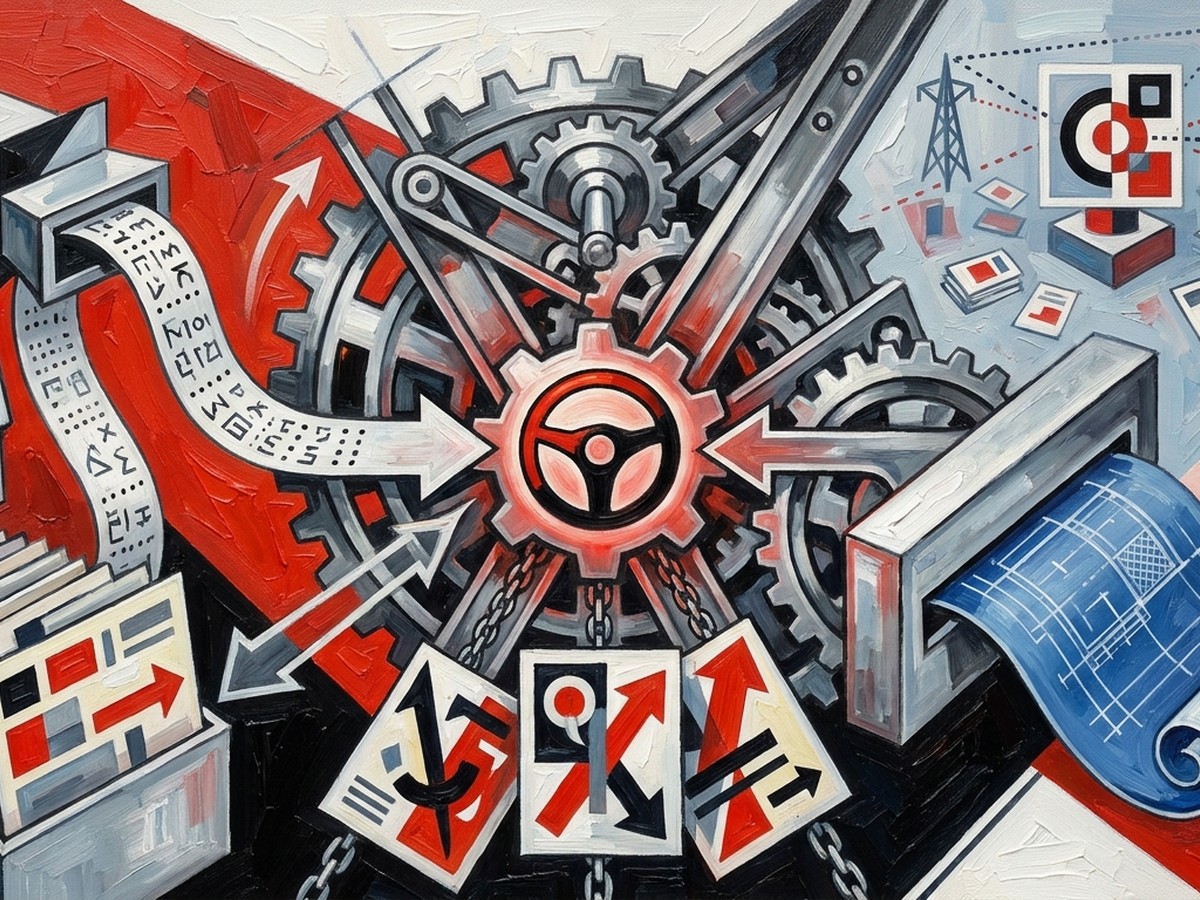 Constructivist oil painting of the AI Max engine at the center learning from three input streams: keywords, ad creatives, and landing page URLs, with Performance Max and its search themes visually separated to the side.