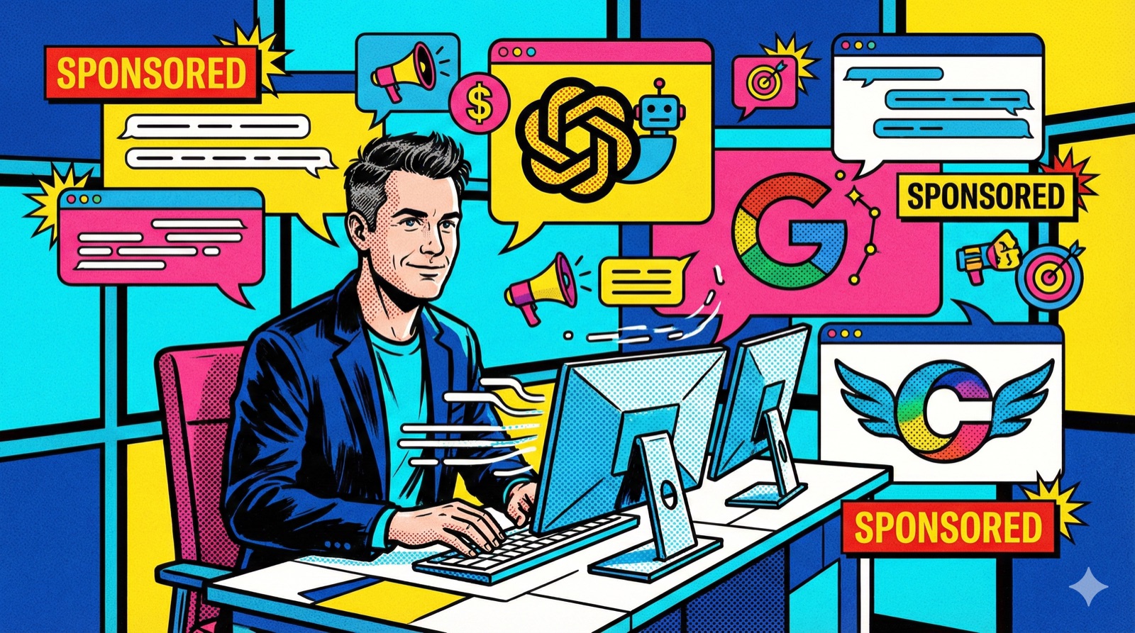 Pop Art style visualization of AI chat advertising platforms including Microsoft Copilot, Google Gemini, and ChatGPT