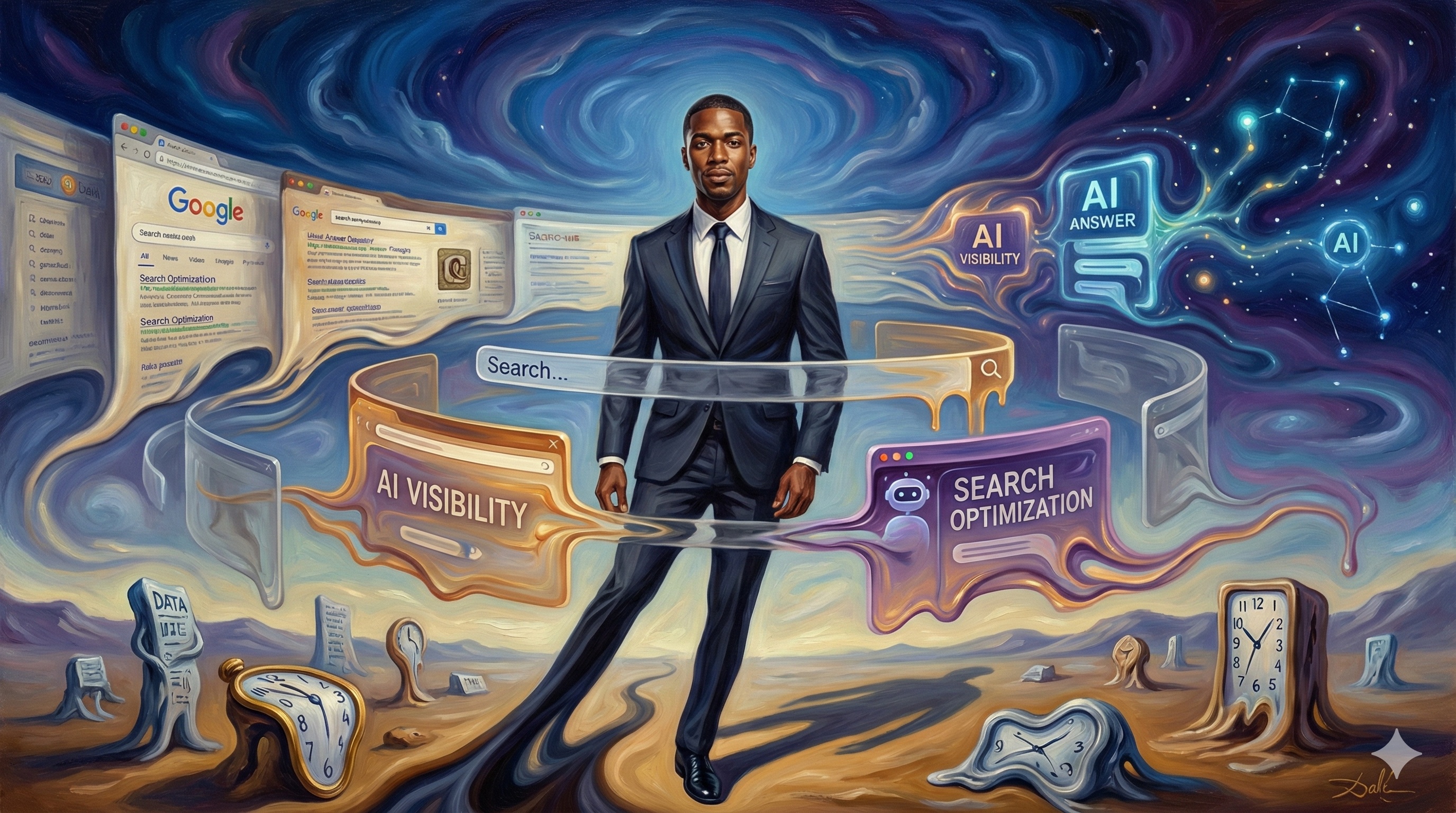 AI optimization strategies visualization with neural network patterns and marketing data flows