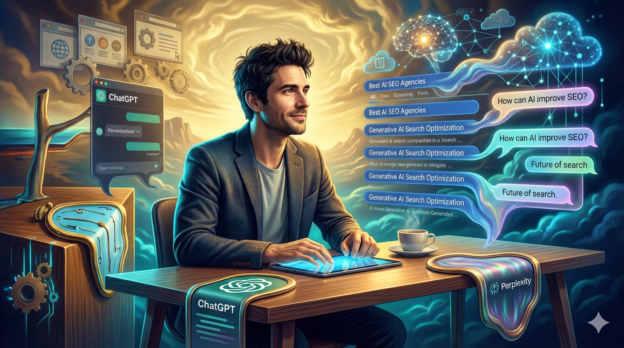 Generative AI SEO agency team analyzing search engine optimization strategies with artificial intelligence tools