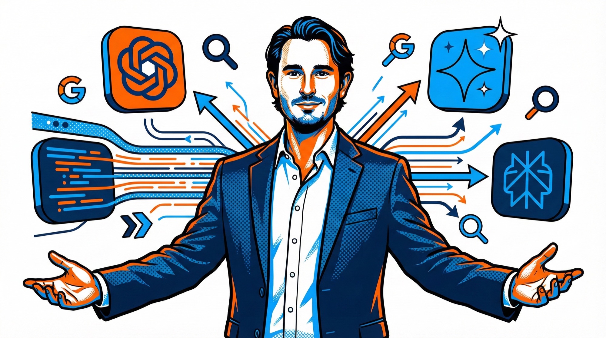 Matt Kundo surrounded by AI platform icons representing generative engine optimization strategy