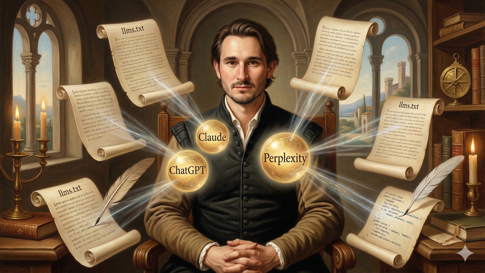 Renaissance-style illustration representing AI SEO files and llms.txt
