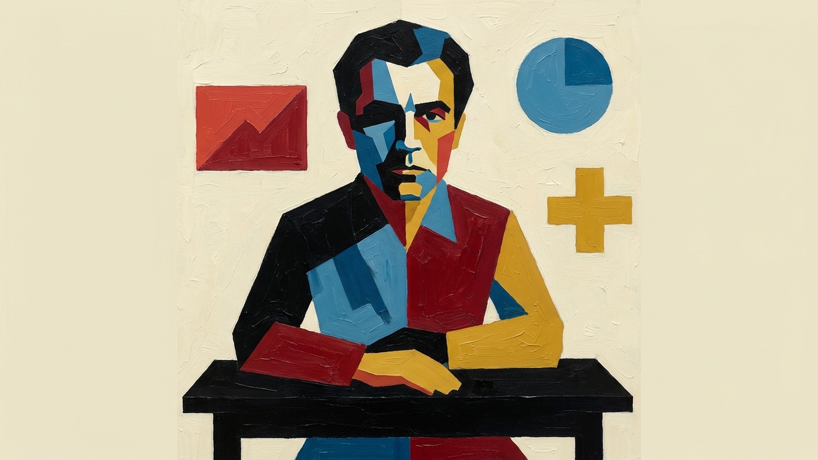 Suprematist oil painting of a marketer at a black desk facing floating geometric dashboards representing performance charts, conversions, and audience signals.