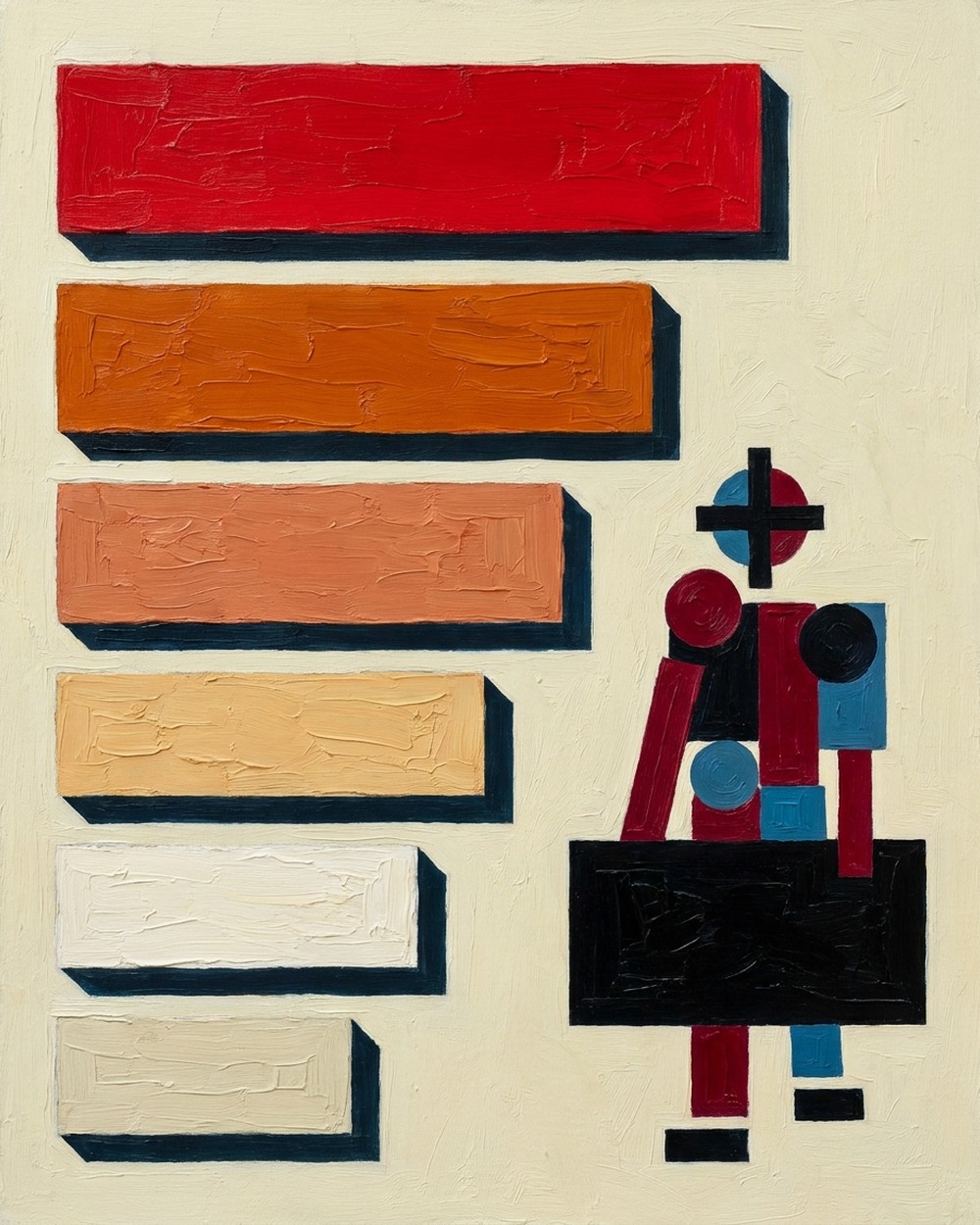 Suprematist oil painting of a vertical six-week learning-period timeline with growing horizontal bars, and a marketer figure restrained behind a black barrier labeled LEARNING.