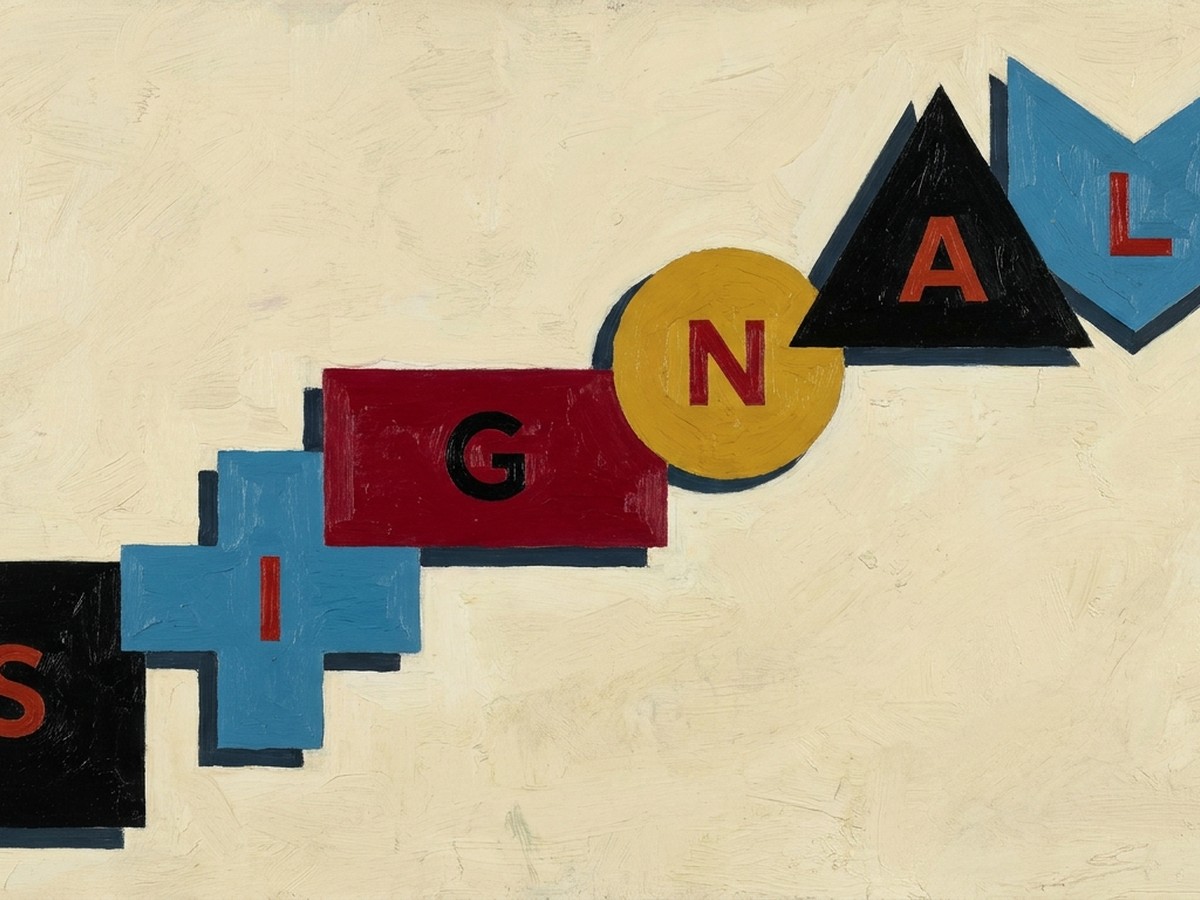 Suprematist oil painting of six flat geometric shapes labeled S I G N A L arranged as a diagonal ascending staircase, representing the six levers of Performance Max optimization.