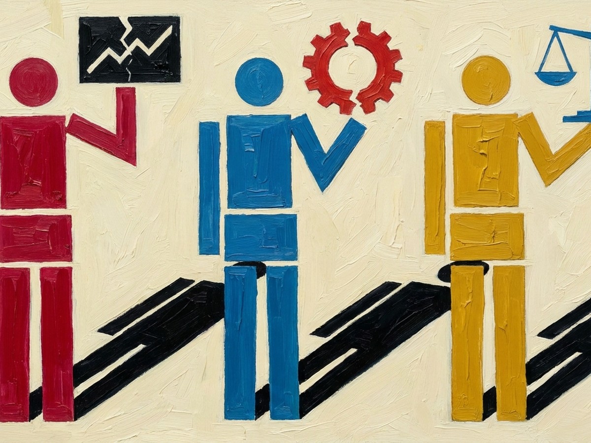 Suprematist oil painting of three stylized human silhouettes holding diagnostic symbols: a cracked chart, a broken gear, and unbalanced scales, representing the three most common Performance Max failure patterns.