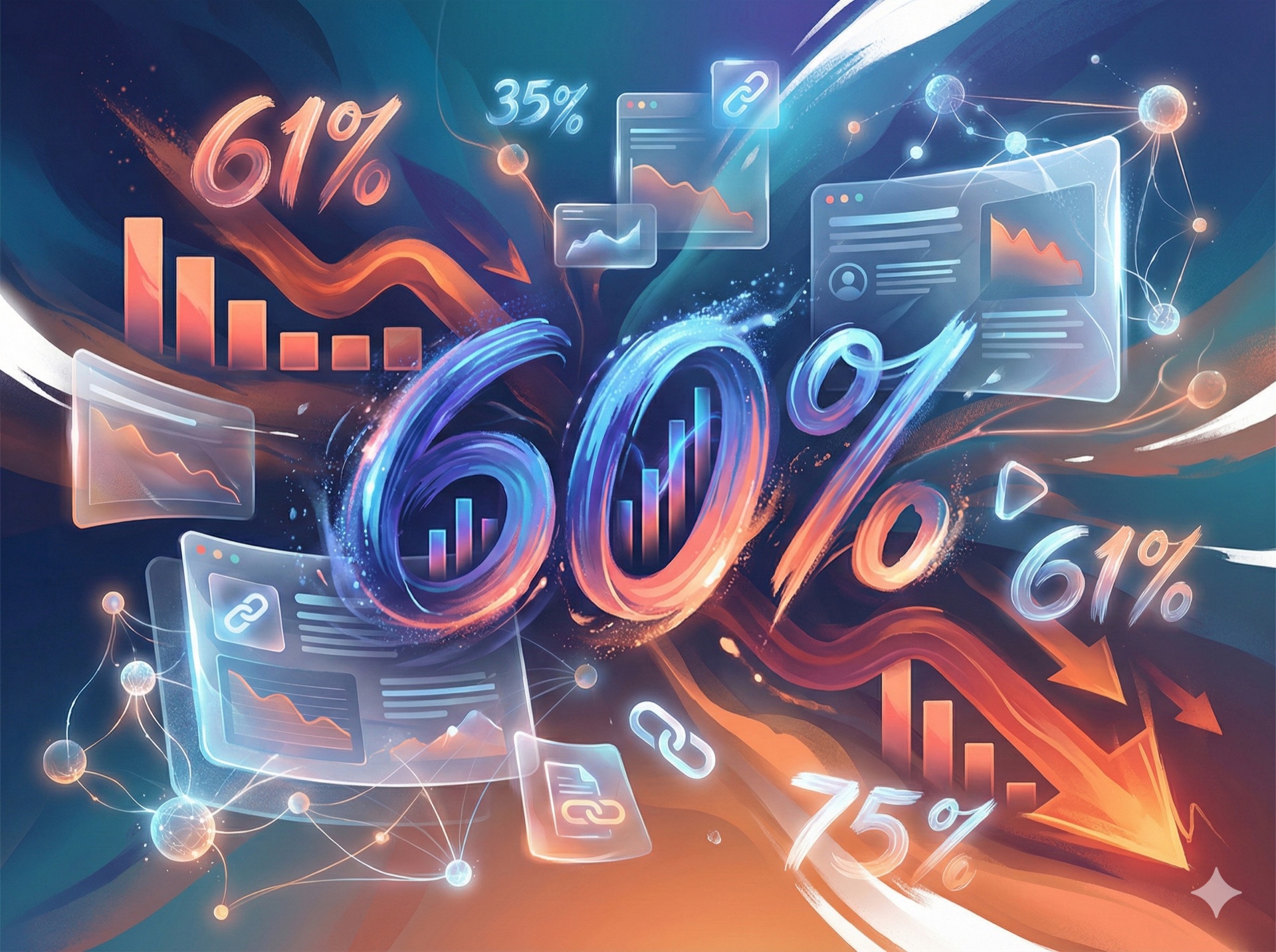 AI Overviews statistics infographic showing 60% search presence and CTR impact in artistic