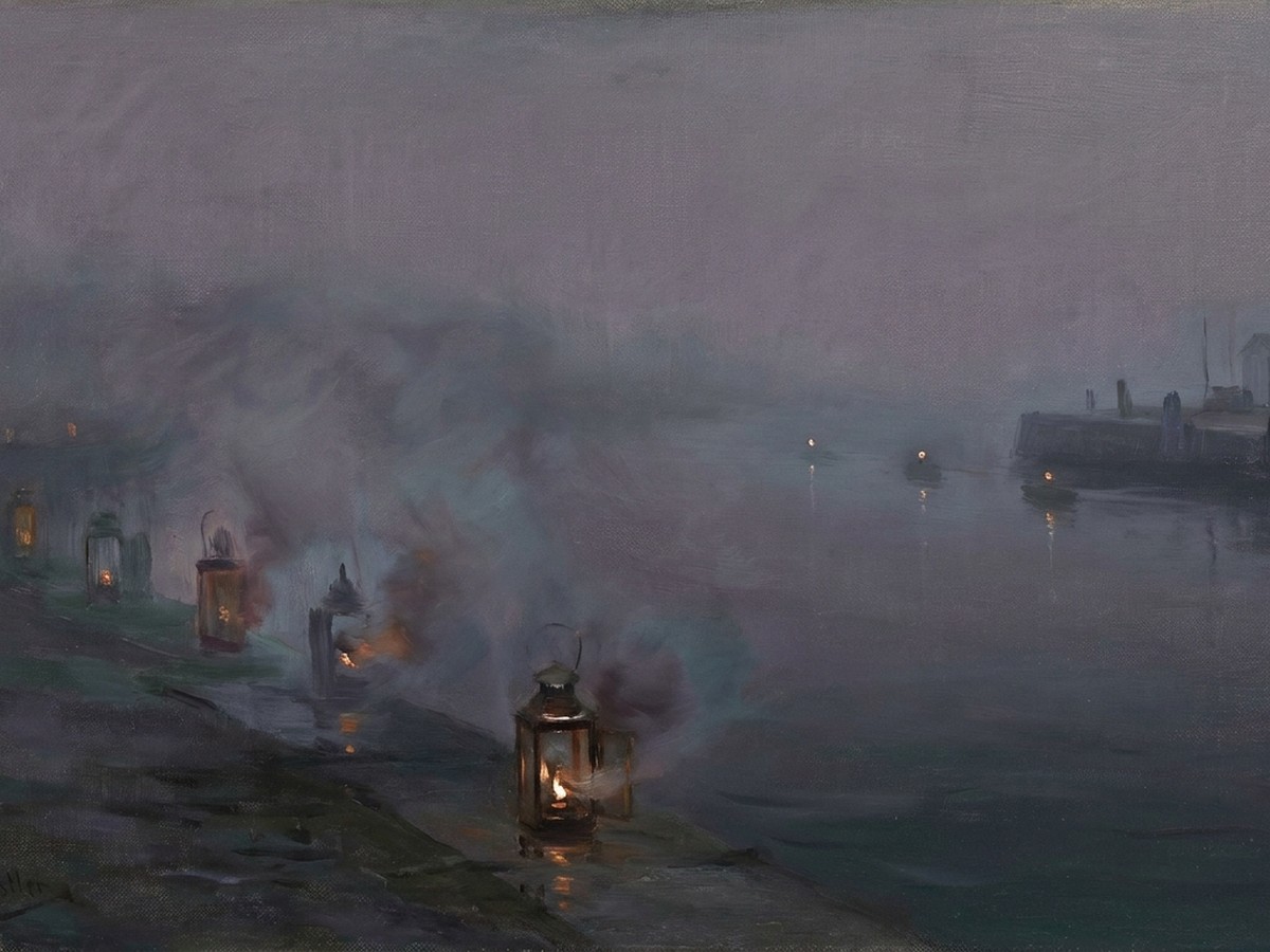 Tonalist oil painting of lanterns along a foggy canal, several going dark before their light reaches the far quay