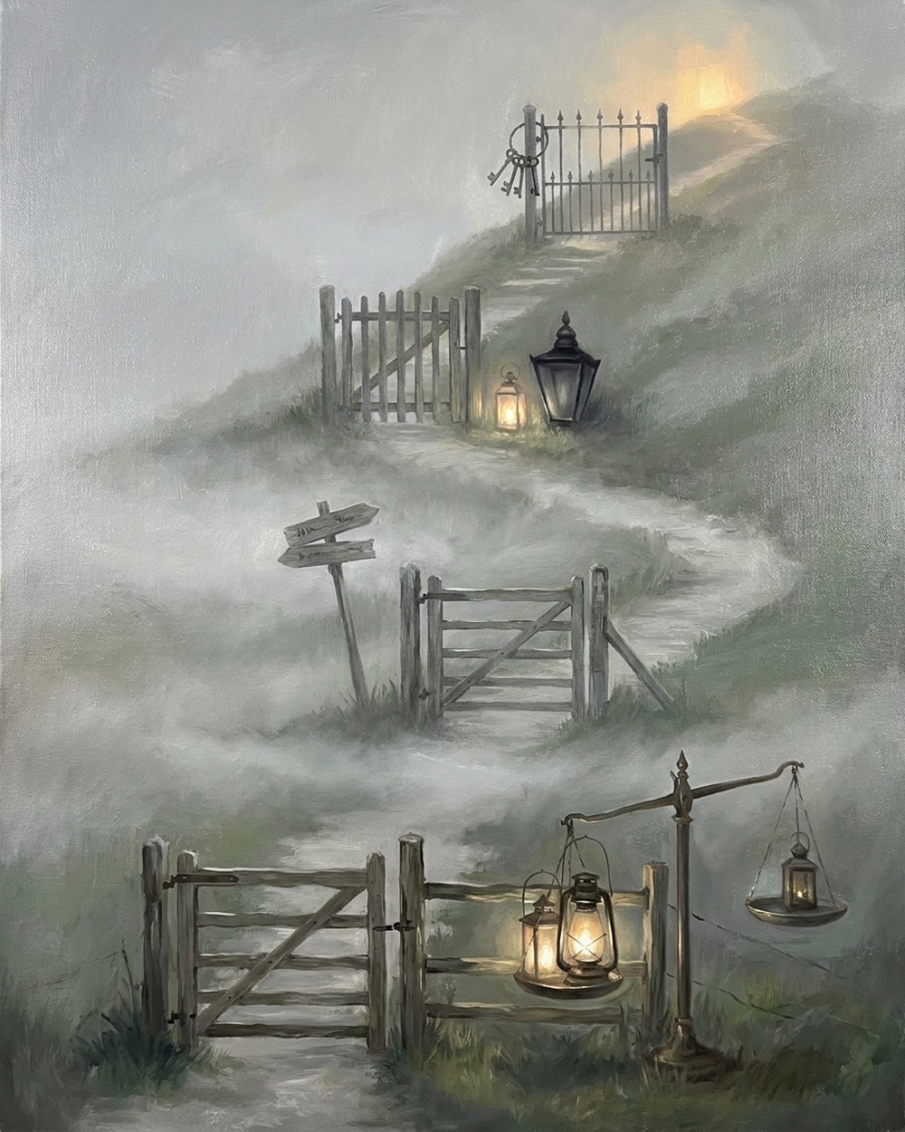 Vertical Tonalist oil painting of four gates climbing a misty hillside path toward a warm light at the summit