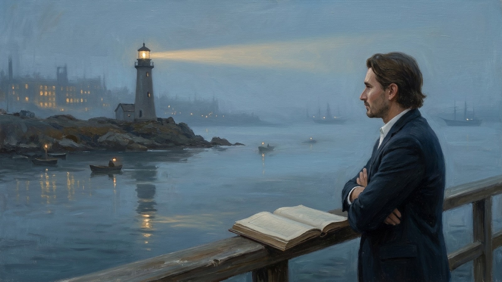 Tonalist oil painting of a figure at a harbor railing at dusk watching one lighthouse beam relay faint signals out to sea