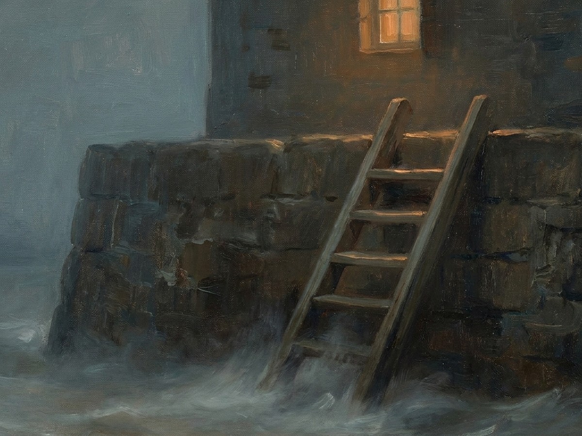 Tonalist oil painting of a five-rung wooden ladder against a harbor wall rising toward a lit window