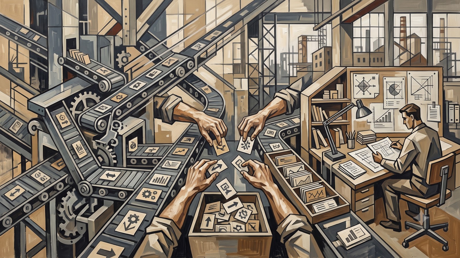 Constructivism-style oil painting of hands sorting marketing task cards between automated conveyor workflows and a human strategy desk
