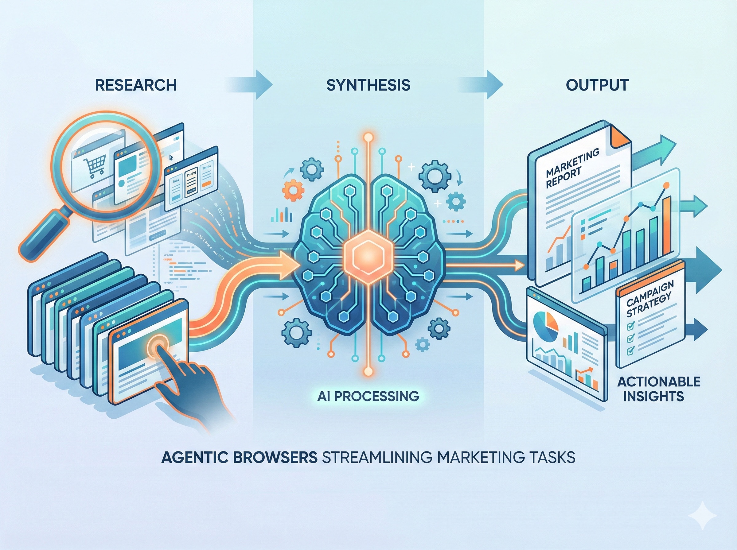 Three-stage workflow diagram showing research, synthesis, and output with agentic browsers