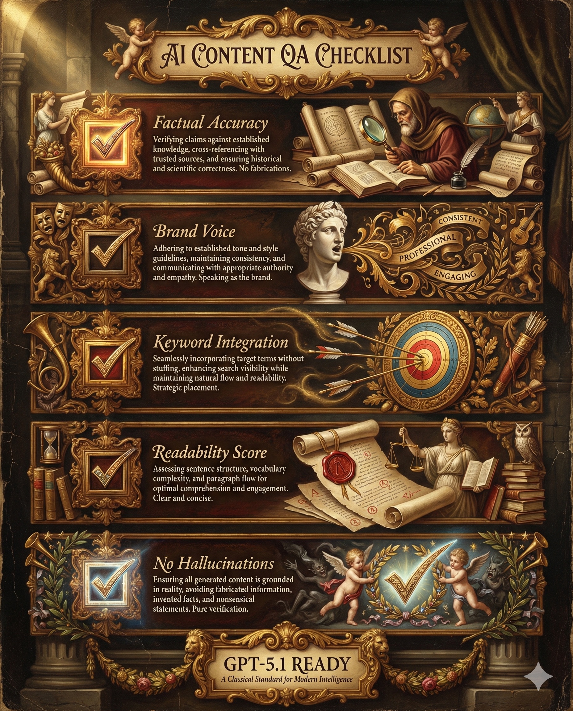 AI content QA checklist infographic covering factual accuracy, brand voice, keywords, readability, hallucinations, and governance