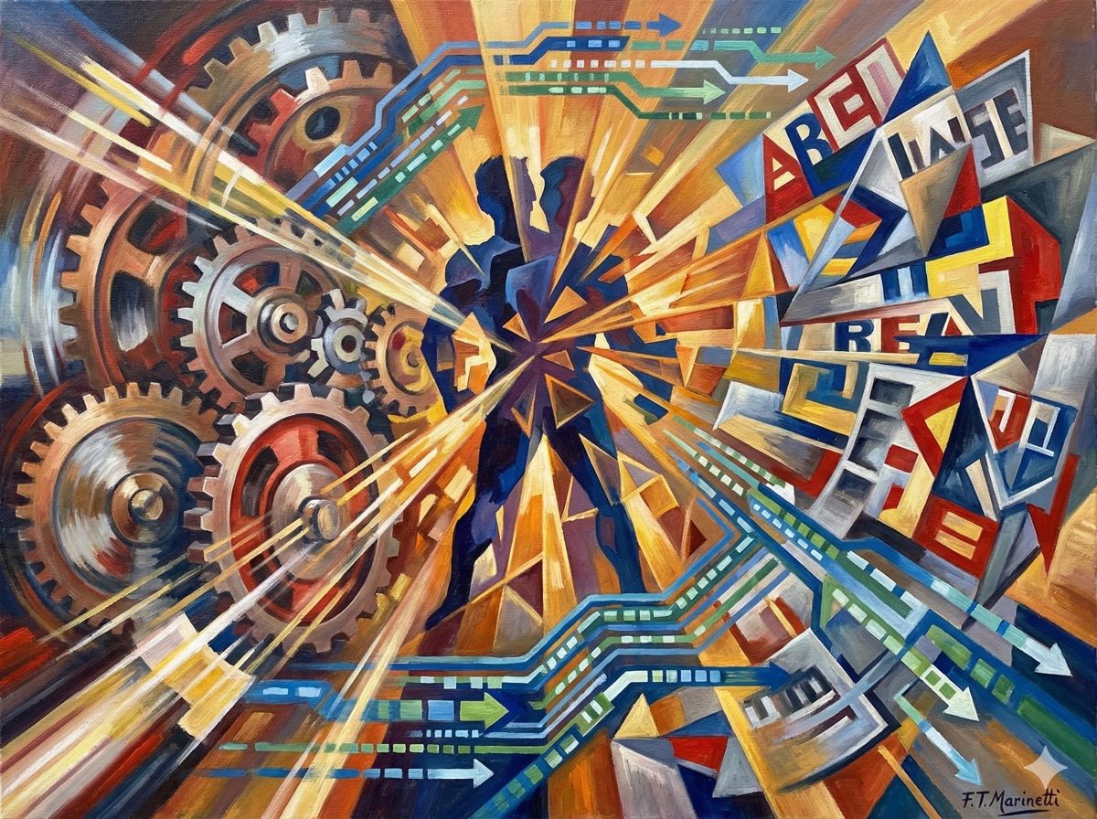Interconnected mechanics of AI advertising showing audience targeting, bidding, creative