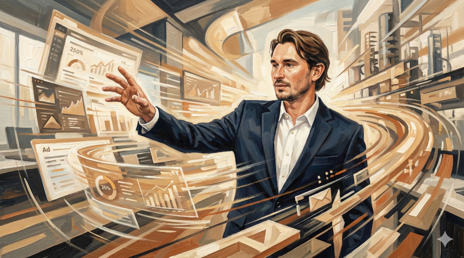 Matt Kundo surrounded by dynamic AI advertising dashboards and data visualizations in Futurism oil painting style