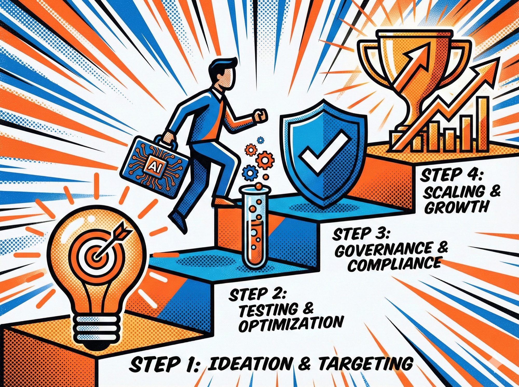 Four-step AI implementation staircase with lightbulb, test tube, shield, and trophy icons representing identify, pilot, govern, and measure phases