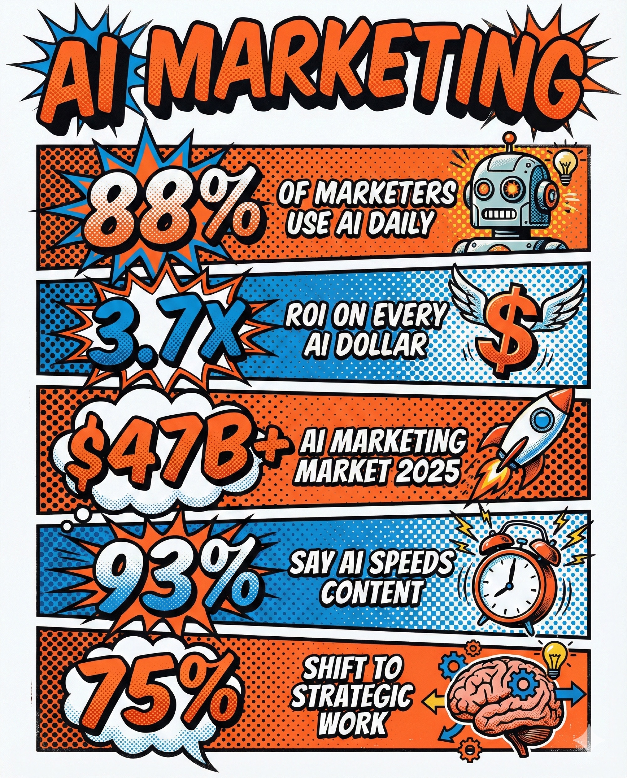 AI marketing statistics infographic showing 88% adoption, 3.7x ROI, $47B market size, 93% content speed, and 75% strategic shift