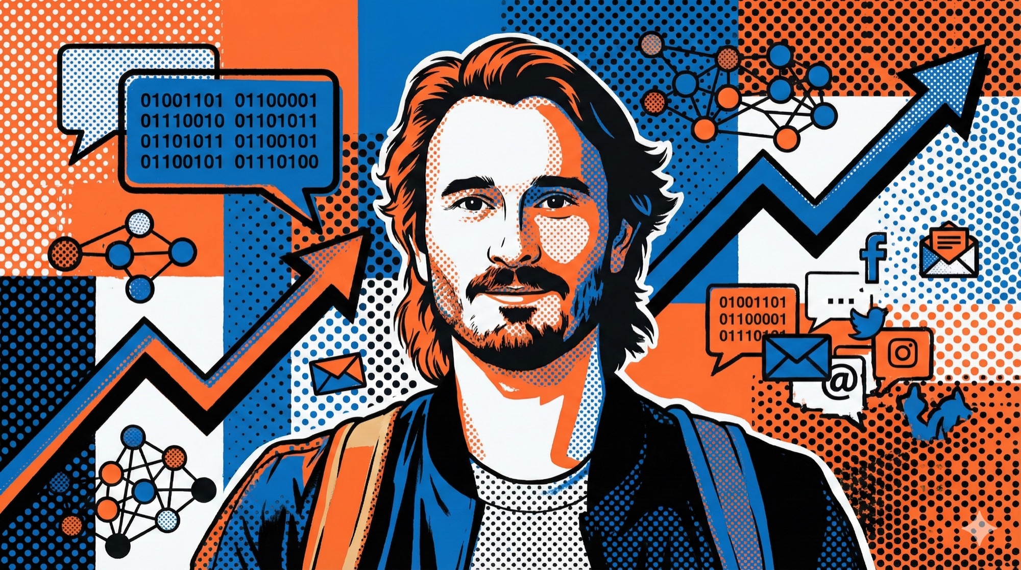 Pop Art style illustration of Matt Kundo surrounded by AI marketing elements including chat bubbles, data visualizations, and neural network patterns