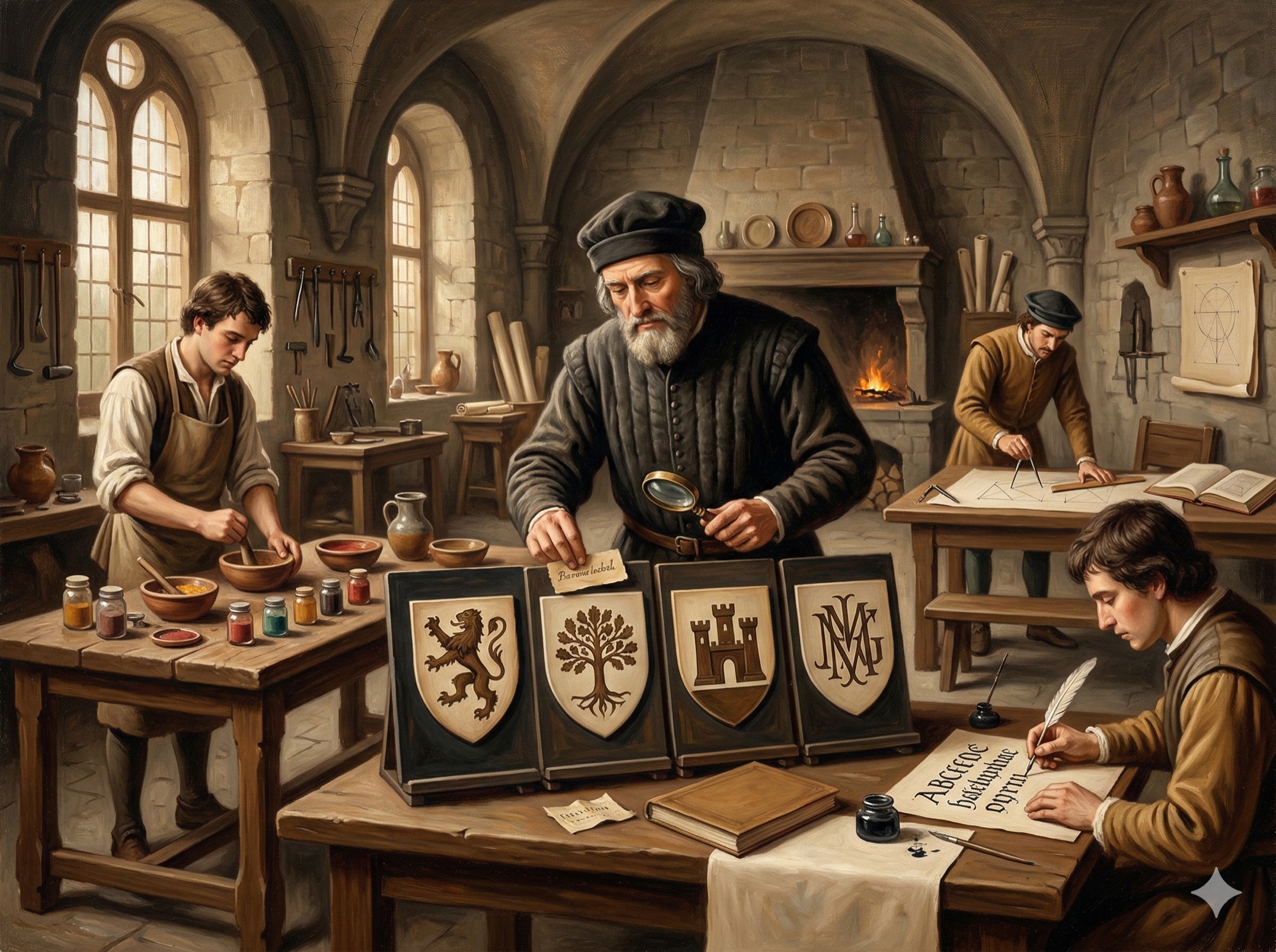 Renaissance of an artisan workshop with multiple craftspeople creating brand identity elements