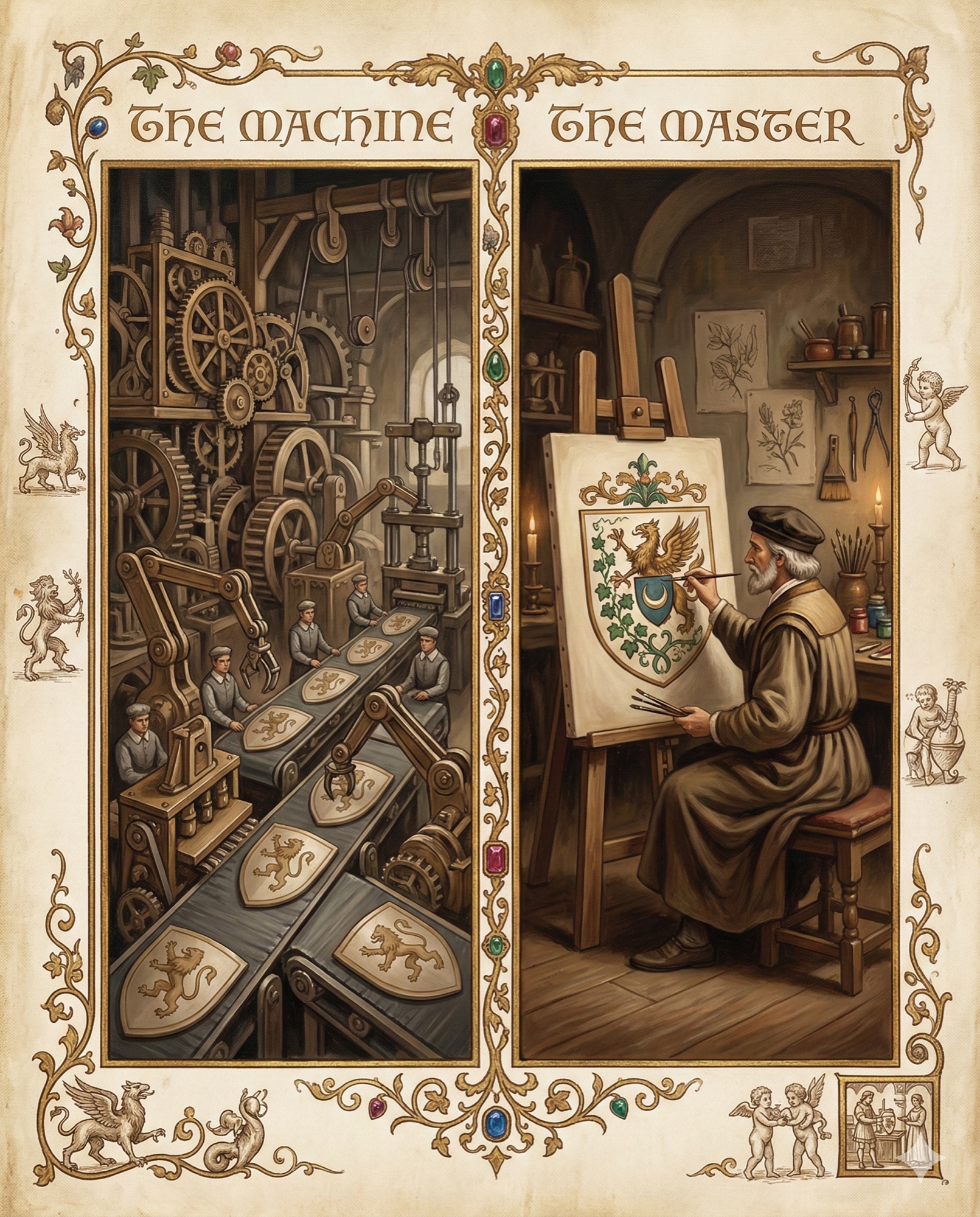 Renaissance styled as an illuminated manuscript comparing AI branding tools versus human brand