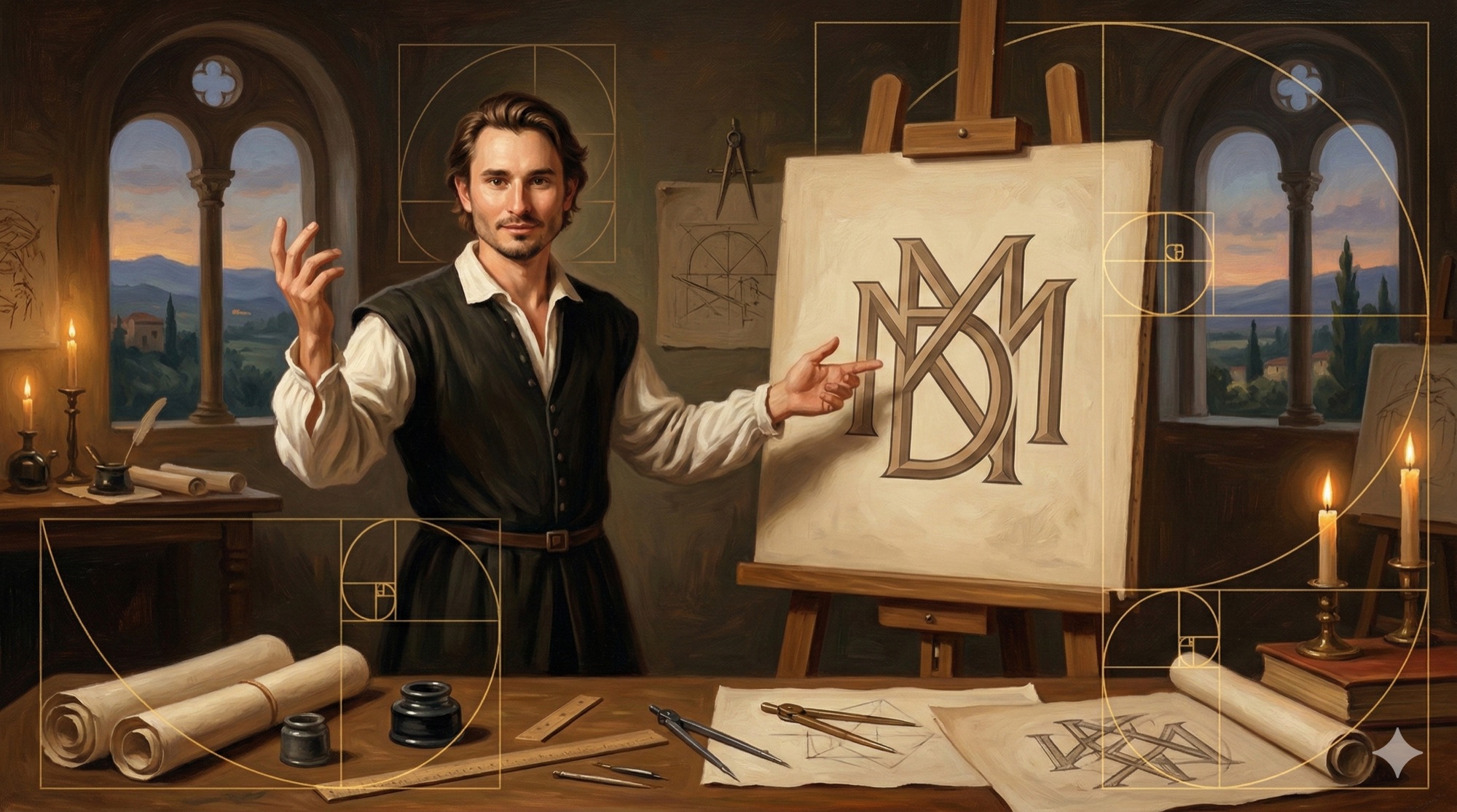 Renaissance oil painting depicting the concept of AI branding tools with golden ratio design elements and artistic brand symbols