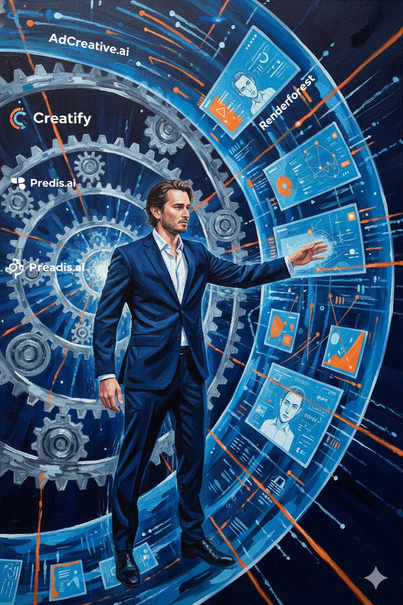 Futurist oil painting of marketer commanding AI ad generation interfaces with holographic displays